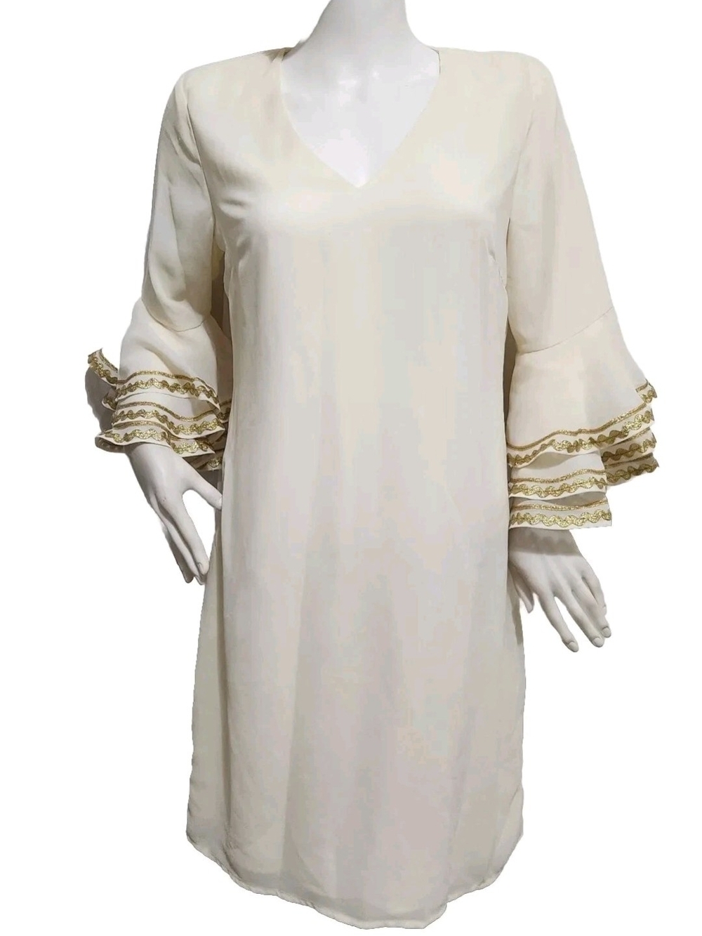 Julie Brown Women's Cream Shift Dress Bell Sleeves Gold Lace Trim Size 8 NWT 07